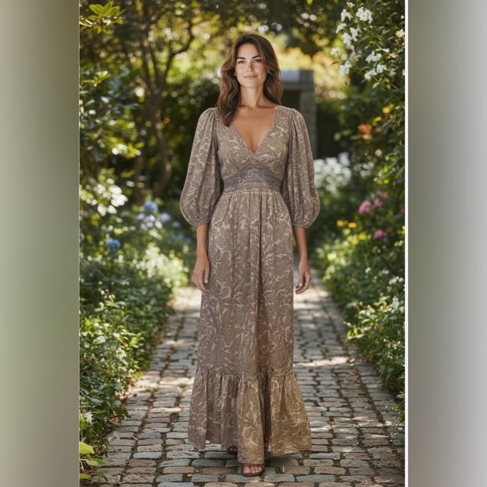 Patrons of Peace Taupe Paisley V-Neck Smocked Tiered Maxi Dress